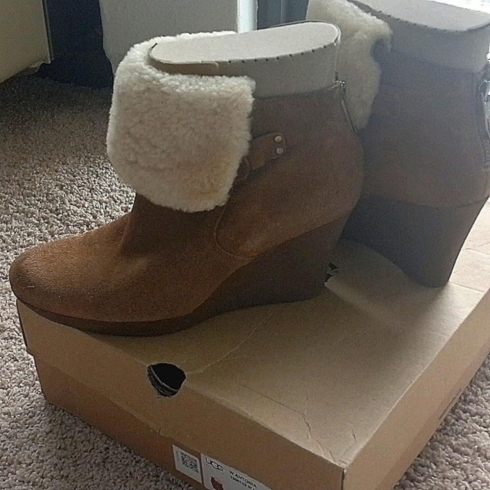 UGG "W Antonia"  Authentic ankle boot, golden suede color with shearling front